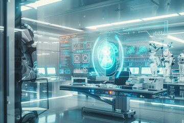 Obraz premium a digital hologram of medical equipment is projected in an office setting, with computer monitors displaying data and AI technology in the background 