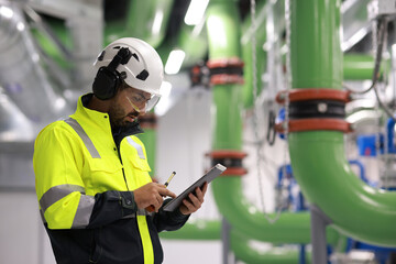 Mechanical engineer with green safety jacket holding laptop and walkie talkie working at site line of HVAC control room