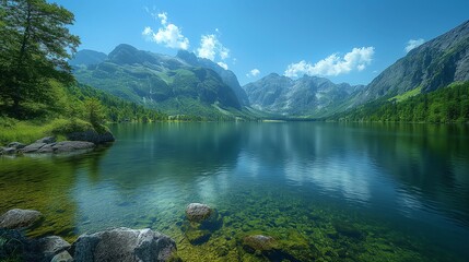 The image features a river flowing over rocks, with a waterfall and a lush forest in the background. The sky is blue with white clouds, and the sun is shining brightly Generate AI