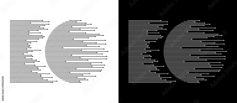 Poster Dynamic parallel arrows in circle. Abstract art geometric background for logo or icon. Black shape on a white background and the same white shape on the black side.