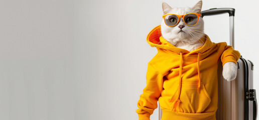 Illustration amusante de vacances, chat en sweat orange posant avec sa valise et ses lunettes de soleil, portrait original et décalé, fond neutre - obrazy, fototapety, plakaty