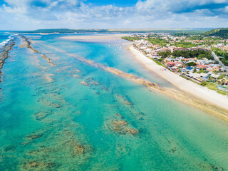 Aerial view of Barra de São Miguel, paradisiacal beach with reefs in Alagoas