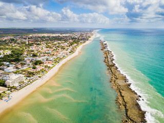 Aerial view of Barra de São Miguel, paradisiacal beach with reefs in Alagoas - obrazy, fototapety, plakaty