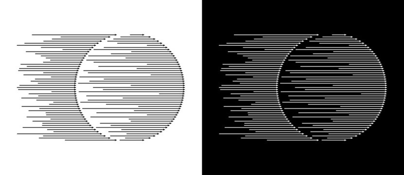 Dynamic parallel arrows in circle. Abstract art geometric background for logo or icon. Black shape on a white background and the same white shape on the black side.