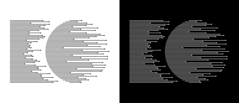 Dynamic parallel arrows in circle. Abstract art geometric background for logo or icon. Black shape on a white background and the same white shape on the black side.