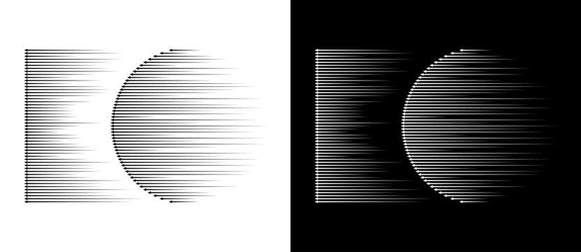 Dynamic parallel arrows in circle. Abstract art geometric background for logo or icon. Black shape on a white background and the same white shape on the black side.