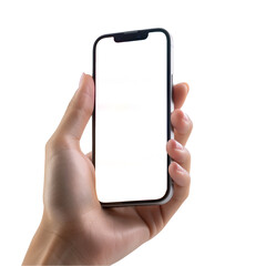 Hand holding smartphone with blank screen on white