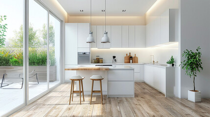Kitchen Interior In Beautiful New Luxury Home With Kitchen Island And Wooden Floor. Bright Modern Minimal Style. With Copy Space.