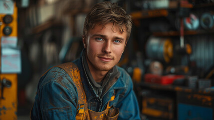 Fototapeta premium Auto repair service. Handsome smiling mechanic.