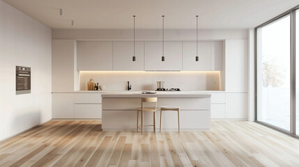Fototapeta na wymiar Kitchen Interior In Beautiful New Luxury Home With Kitchen Island And Wooden Floor. Bright Modern Minimal Style. With Copy Space.