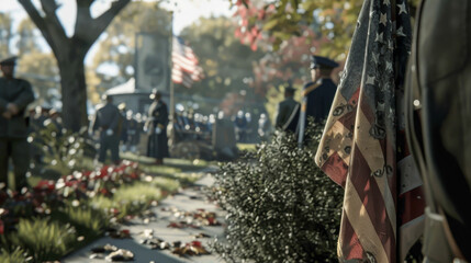 War Memorial Ceremony with Soldiers and American Flags - obrazy, fototapety, plakaty