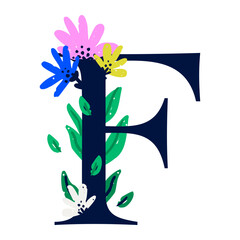 An elegant letter F decorated with flowers. The floral alphabet. Personalized poster. Print for the children's room. Vector illustration isolated on a white background.