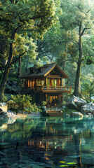 Naklejka premium Serene Lake Retreat Among Lush Green Forest