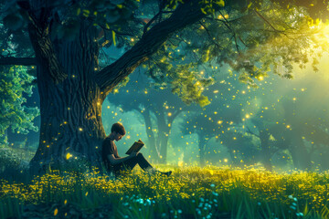 Person Reading a Book Under a Magical Tree at Sunset