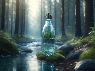 Bottle of water in the middle of the forest - obrazy, fototapety, plakaty