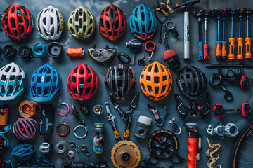 Cycling Essentials: A Collection of Necessary Bicycle Accessories and Equipment for Cyclists - obrazy, fototapety, plakaty