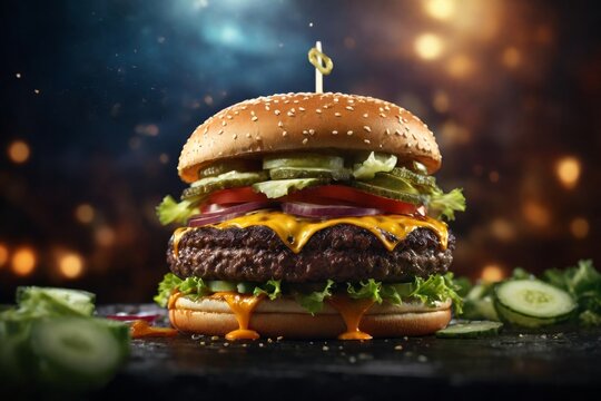 hamburger with layers of cheese, lettuce, tomato, onion, and meat patty floating in the air against a dark blue background. Copy text
