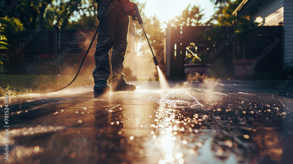 Wall mural man using electric powered pressure washer to power wash residential concrete driveway in beautiful 