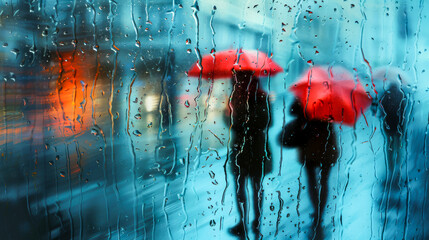 Rainy Day View Through a Wet Window with People Under Umbrellas - obrazy, fototapety, plakaty