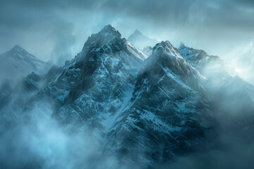 Majestic Mountain Peaks Shrouded in Misty Blue Light - obrazy, fototapety, plakaty