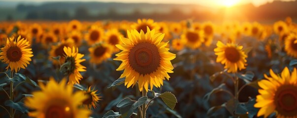 Panoramic view of a sunflower field basking in the golden light of a setting sun, with vibrant yellow blooms and dramatic sky.