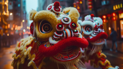 A photo of Colorful lion dancers performing mesmerizing routines in the streets of Chinatown
