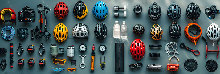 Cycling Essentials: A Collection of Necessary Bicycle Accessories and Equipment for Cyclists - obrazy, fototapety, plakaty
