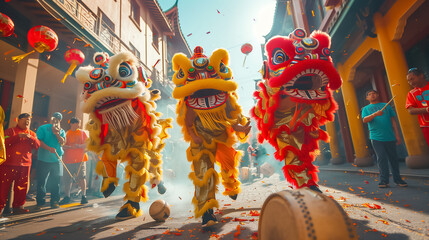 Obraz premium A photo of Colorful lion dancers performing mesmerizing routines in the streets of Chinatown