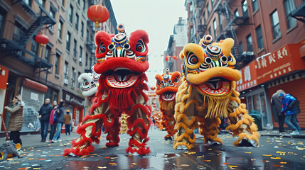 A photo of Colorful lion dancers performing mesmerizing routines in the streets of Chinatown - obrazy, fototapety, plakaty