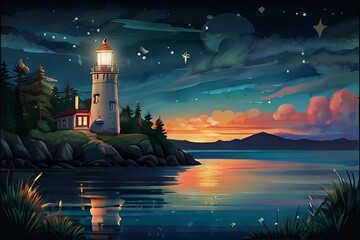 A painting depicting a lighthouse standing tall on a rocky shore overlooking the sea, under a...