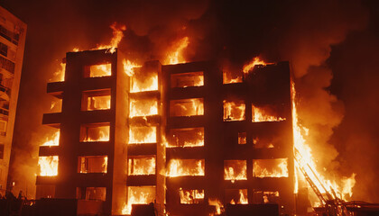 A massive fire engulfing a building, showing flames and smoke billowing out of windows and doors - obrazy, fototapety, plakaty