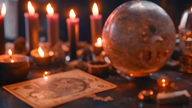 Tarot cards and magic ball for predicting the future by candlelight