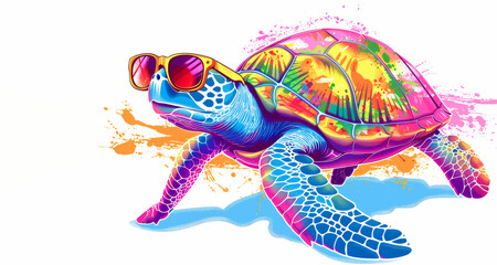 A colorful turtle wearing sunglasses and walking on a beach. The turtle is the main focus of the image, and the sunglasses give it a fun and playful vibe. Cartoon colorful turtle with sunglasses - obrazy, fototapety, plakaty