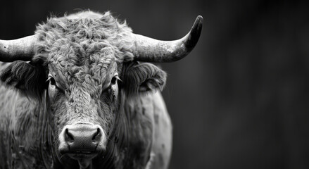 A bull with horns is staring at the camera. The image has a moody and intense feel to it, as the bull's gaze seems to be fixed on the viewer. Bull Wallpaper - obrazy, fototapety, plakaty