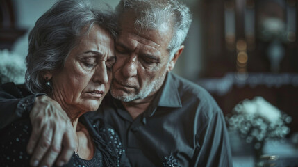 Old Husband Trying To Comfort His Wife Due To Her Loss. Funeral Support And People Care For Grief Mourning Lost Ones.