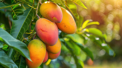 close-up of a ripe mango on a branch - obrazy, fototapety, plakaty