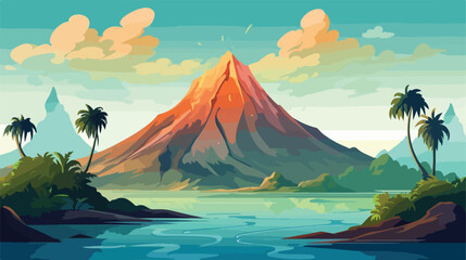 Landscape fantasy Island with volcano. Cartoon styl - obrazy, fototapety, plakaty