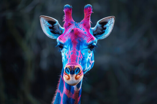 A giraffe with a rainbow colored face is the main focus of the image. The colors are bright and vibrant, creating a sense of energy and excitement. colourful anima