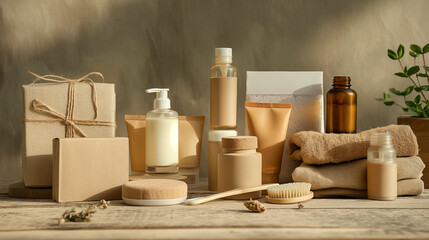 A collection of cosmetic products packaged in biodegradable materials, arranged on a wooden surface. The soft, natural light accentuates the earth-friendly packaging alternatives t