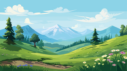 Obraz premium Landscape hills bush foliage field 2d flat cartoon