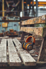 protective construction headphones on the background of construction - obrazy, fototapety, plakaty