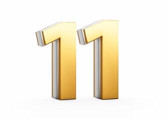 3D Golden Shiny Number 11 Eleven With Silver Outline Isolated On White Background 3D Illustration
