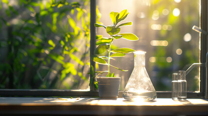 A catalysis experiment underway, with a reaction flask set against a backdrop of greenery visible through a lab window. The natural light casts a glow on the setup, symbolizing the