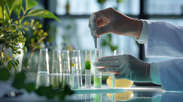 Close-up of a researcher's hands using a dropper to add a green catalyst solution to a test tube, with a chart of earth-rich elements in the background. The soft daylight emphasize