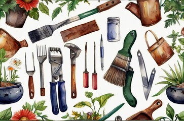 Fototapeta na wymiar An artistic interpretation of gardening comes to life in this watercolor image, where garden supplies are portrayed with soft, fluid strokes and vivid colors.