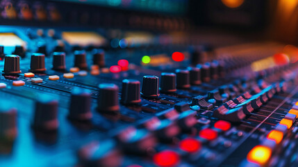 Fototapeta na wymiar Professional Sound Studio Scene. Intricate Audio Equipment. Audio Mixing Console In A Streaming. Live Broadcast. Or Recording Session. Channel Faders Close Up. Side View. Shallow Depth Of Field.