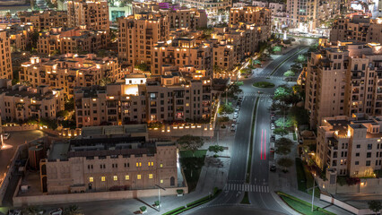 The Old Town residential buildings aerial timelapse in Downtown Dubai, UAE