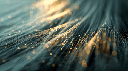 Close-up of bioelectronic fibers being woven into a fabric, capable of collecting and transmitting physiological data. The soft, morning light casts a glow on the innovative textil