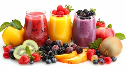 Assorted fruit smoothies in tall glasses, made from fresh, organic fruits and berries, arranged on a rustic wooden table, symbolizing a healthy lifestyle choice.