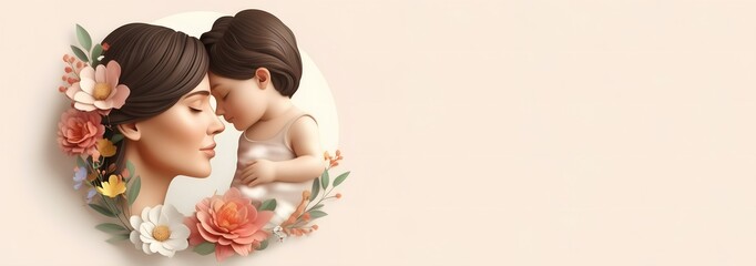 Illustration of side face of mother with baby and flowers in 3D render style with copy space for mother's day